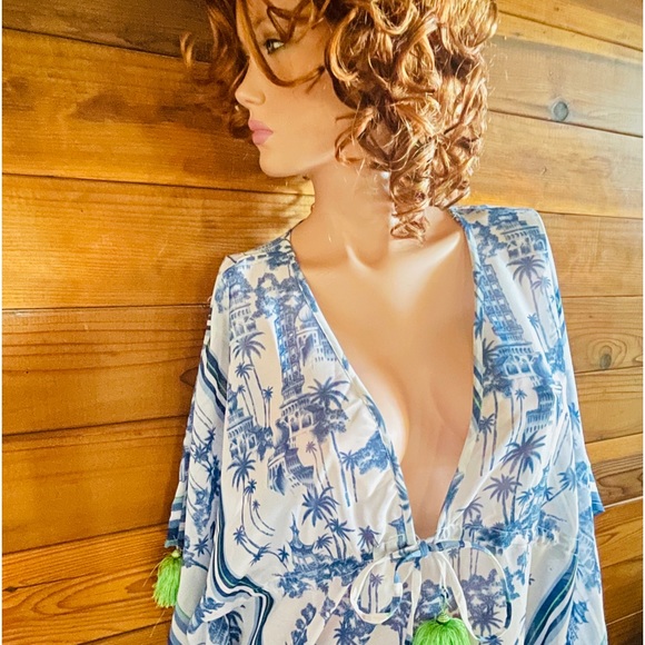 NWT Violet Sky Moroccan Travel Postcard Print Swimsuit Cover-Up Caftan M AS-IS - Picture 14 of 16